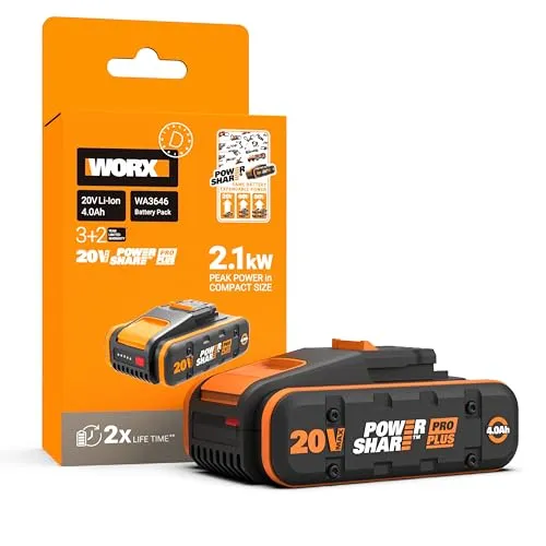 WORX WA3646 PowerShare Pro Plus Akku 20 V, 4 Ah - Werkzeugakkus: Bietet bis zu 40 % mehr Leistung und 20 % längere Laufzeit mit 360° Zellenschutz für maximale Sicherheit und Langlebigkeit.