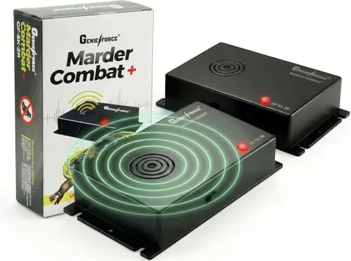 [2 Set] Genieforce® Marder Combat+ Marderschutz Batteriebetrieben, Marderschreck Ultraschallgerät, Marderabwehr, mobiler Schutz für Auto, Haus, Garten – GF-SK-2R