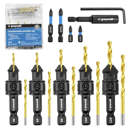 Gerywolf 16 Stück Senkkopfbohrer-Set, 3-in-1 Holz-Senkkopfbohrer-Set, geeignet für 4, 6, 8, 10, 12 Schrauben, 82° Fase, 5 Ersatz-M2-Bohrer, 1/4-Zoll-Sechskantschaft und 4 Schraubendreherspitzen