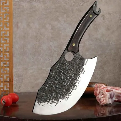 Muxel Metzgermesser Hackmesser - Schweres Fleischerbeil mit gebogener Klinge - Hackmesser aus hochwertigem Kohlenstoffstahl, ideal für Küche und Outdoor. Mit praktischer Lederscheide und sicherem Griffloch für präzises Schneiden.