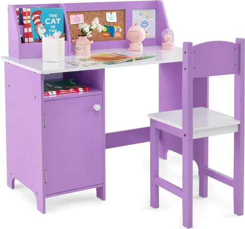 COSTWAY Kinderschreibtisch Set, Schülerschreibtisch aus Holz, Schreibtisch Kinder mit Stuhl, Bücherregal, Schrank & Pinnwand für Kinder ab 3+, Lila
