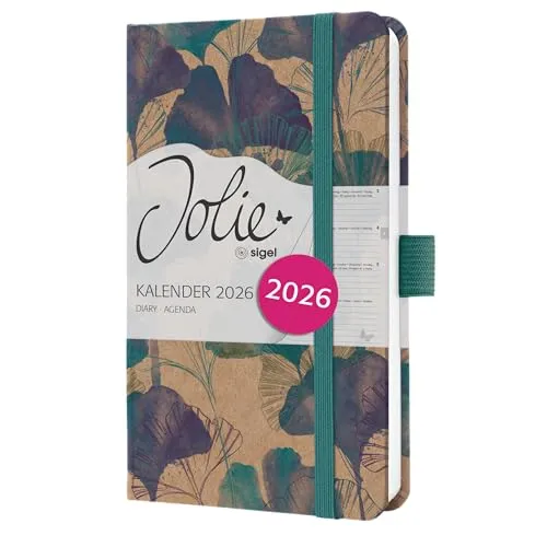SIGEL J6808 Wochenkalender 2026 A6, blau, türkis, Hardcover aus Kraftpapier, Gummiband, Stiftschlaufe, 174 Seiten, vegan, Buchkalender, Terminplaner Taschenkalender Jolie