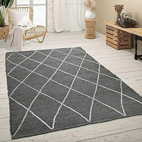 Paco Home Teppich Wohnzimmer Jute Naturfaser Handgearbeitet Modernes Skandi 3D Muster, Grösse:60x100 cm, Farbe:Anthrazit