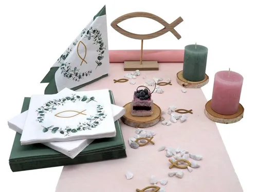 ZauberDeko Tischdecke Tischdeko Salbei Rosa Gold Fisch Kommunion Konfirmation 20 Personen