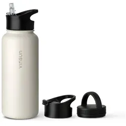 Vinsun Isolierflasche Edelstahl Trinkflasche 1L - Thermobehälter mit 3 auslaufsicheren Deckeln für vielseitigen Einsatz. Ideal für Fitness, Yoga und Outdoor-Aktivitäten, doppelwandig und geschmacksneutral.