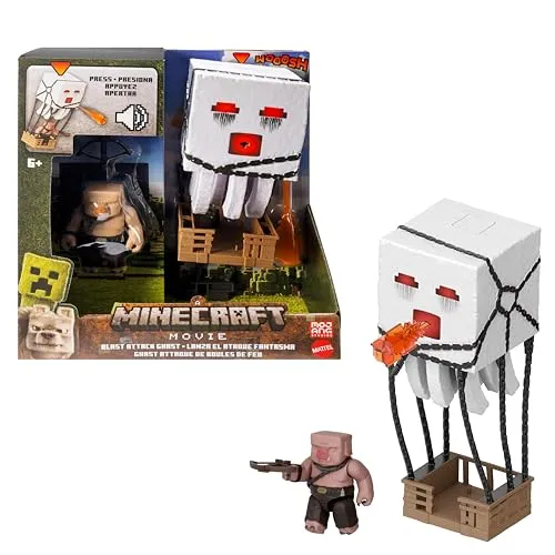 Mattel Minecraft Actionfigur-Set: Ghast mit Feuerattacke - Actionfiguren für Kinder – Enthält Ghast mit Lichteffekten, Geräuschen und Feuerballprojektil sowie einen Piglin-Krieger, ideal zum Nachspielen von Filmszenen.
