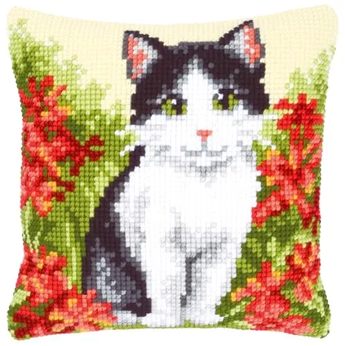VERVACO Kreuzstich Kissen Set Katze in Blumenfeld - Kreuzstich-Sets mit komplettem Material für kreative Entspannung. Ideal für Anfänger und Profis. Lebendige Farben und einzigartiges Design für Ihr dekoratives Kissen!