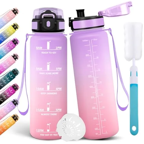 Motswedi Trinkflasche 1l, Sport Wasserflasche, mit Bürste, Auslaufsicher, Trinkflasche Kohlensäure Geeignet, Flasche Sport, Wasserflasche Für Fitness, Wandern, Büro, Camping, Hellviolett & Hellrosa