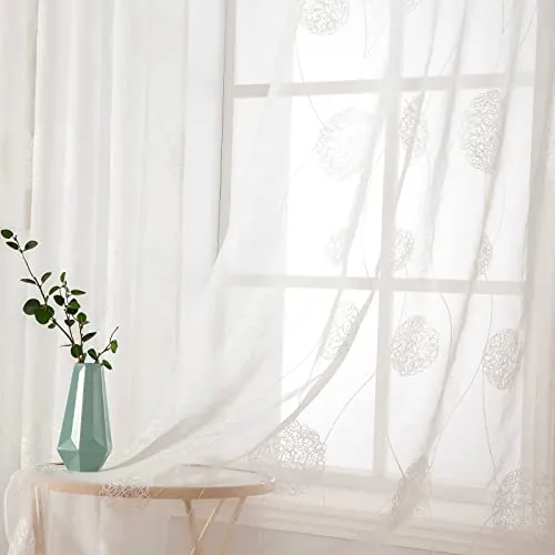 MIULEE Vorhänge mit Florales Stickerei, Gardinen Weiß für Wohnzimmer, Schlafzimmer Vorhang Transparent mit Ösen, 2er Set Voile Blumen Durchsichtig Vorhänge, Jeder H 260 X B 140cm