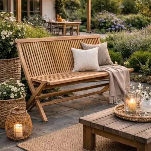 LEBENSwohnART Teak Klappbank KURSI 120cm Natural - Massive Teak Holzbank, ideal für den Außenbereich, widerstandsfähig und pflegeleicht. Genießen Sie entspannte Stunden im Garten mit dieser stilvollen Sitzbank.