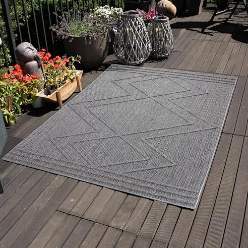 Carpettex Outdoor Teppich Wetterfest 80 x 150 cm Läufer, Sisaloptik, Grau - Ideal für Balkon, Garten, Terrasse, Camping und als Küchenläufer - Waschbarer Teppich, Boho Design, Flachgewebe