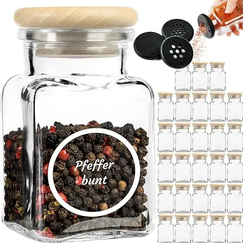 GIESSLE 30 Stück Gewürzgläser mit Buchendeckel (aus Holz komplett ohne Leim) und 94x passenden Etiketten, Gewürzstreuer Vorratsgläser Set