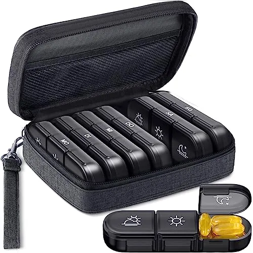 AUVON Tablettenbox 7 Tage Morgens Mittags Abends, Canvas Tasche Medikamentenbox 7 Tage mit tragbarer Stofftasche mit Reißverschluss für die Nahrungsergänzungsmittel, Vitamine und Fischöle