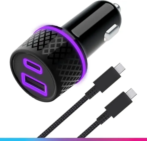Oniverse Zigarettenanzünderadapter 60W, Doppel-USB-C- und USB-A-Anschluss - Auto-Ladegerät für Switch 2, Switch, OLED, Lite, PC, Android, 1,5 Meter, Abnehmbares USB-C-Geflechtkabel