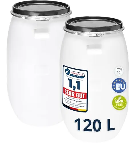 Garronda Set 2x 120 Liter Weithalsfass - Set aus 2 robusten 120L Fässern aus lebensmittelsicherem HDPE, ideal für Regenwasser, Futter oder als vielseitiger Transportbehälter für Haus und Garten.