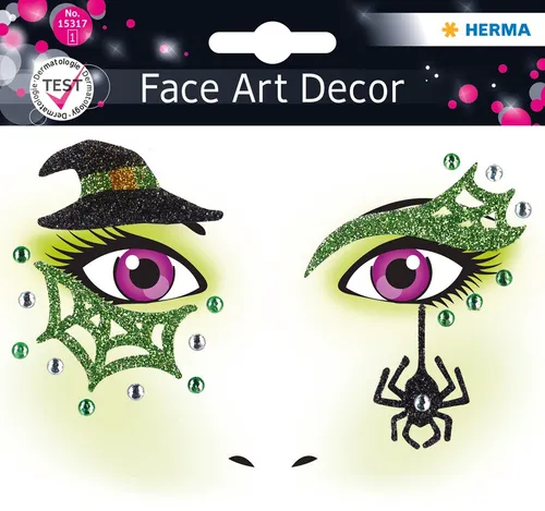 HERMA 15317 Face Art Sticker Hexe - dermatologisch getestet, ablösbare Glitzer Gesicht Aufkleber für Karneval, Fasching und Halloween