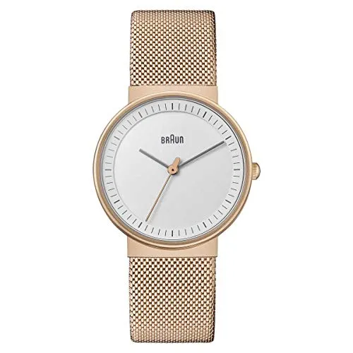 Braun Ladies 3-Hand Analogue Quartz Watch, White Dial and Rose Gold Milanese Mesh Strap, 33mm Rose Gold Case, Model BN0031RGMHL.