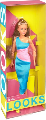 Barbie Looks Puppe - Brünett im One-Shoulder-Kleid - Puppen - Bewegliche Barbie-Puppe mit modernem Colorblock-Stil, perfekt zum Stylen und Posieren für kleine Modefans ab 3 Jahren.
