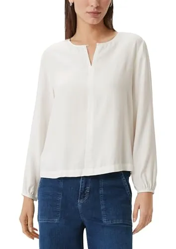 comma Damen 2145840 Bluse in Weiß - Damenbluse im Regular Fit mit Rundhalsausschnitt und elegantem Schlitz, ideal für stilvolle Outfits im Alltag oder Büro.