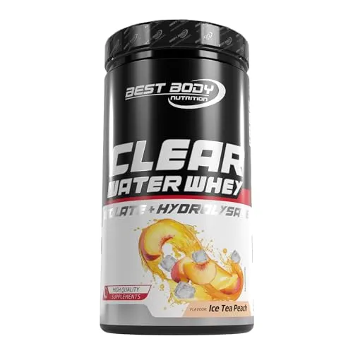 Best Body Nutrition Professional Clear Water Whey Isolate + Hydrolysate - Ice Tea Peach - Molkenproteine mit fruchtigem Geschmack, ideal für Sportler zur Unterstützung von Muskelaufbau und Diäten – laktosearm, fettfrei und zuckerfrei.