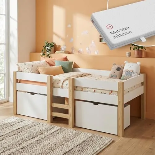 Bellabino Kinderbett 90x200 Aspy, Hochbett mit Rausfallschutz - Betten: Platzsparendes Halbhochbett mit Stauraum, inklusive Lattenrost und ergonomischer Matratze für gesunden Schlaf von Kleinkind bis Teenager.