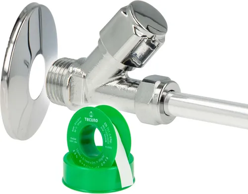 tecuro COMFORT Schrägsitzventil 1/2 Zoll x 3/8 Zoll, MS-glanzverchromt, mit Rosette und Teflonband
