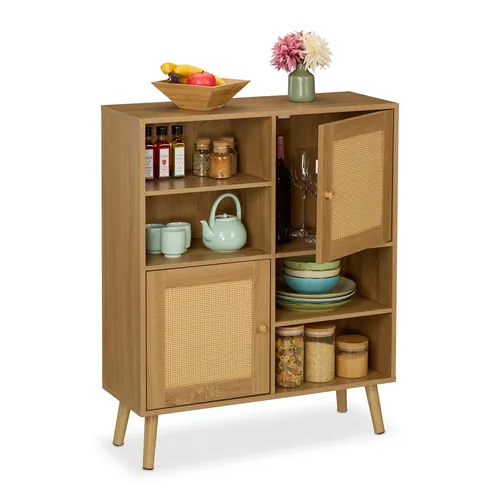 Stylisches Sideboard Kommode mit Rattan-Türen - Elegantes Beistellschrank für Wohnzimmer und Flur, bietet viel Stauraum und ein modernes Design in hellbraunem Finish.