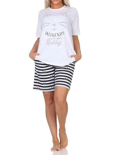 Normann Damen Kurzarm Schlafanzug Shorty Pyjama in Katzen Optik - auch in Übergrößen, Farbe:weiß, Größe:48-50