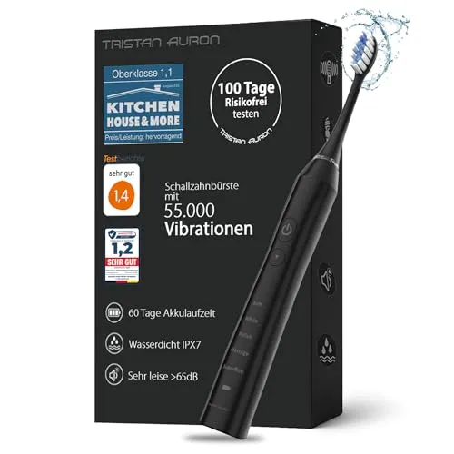 Tristan Auron Schallzahnbürste – Kompakte elektrische Zahnbürste mit 55.000 Schwingungen - Elektrische Zahnbürste mit 5 Reinigungsmodi, effektiver Schalltechnologie und bis zu 60 Tagen Akkulaufzeit – ideal für gesunde Zähne und Zahnfleisch.