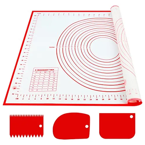 Silikon-Backmatte, groß, 70 x 50 cm, antihaftbeschichtete Teigmatte, Rollmatte mit Messung mit 3 Teigschabern, wiederverwendbares Backzubehör für Teig, Fondant, Makronen, Kekse, Pizza