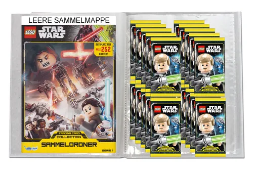 LEGO Star Wars - Serie 1 Trading Cards - Leere Sammelmappe + 20 Booster - Entdecken Sie die LEGO Star Wars Serie 1 mit 20 Boostern und einer leeren Sammelmappe. Ideal für Sammler und Fans, um die Sammlung zu vervollständigen und in die galaktische Welt einzutauchen.
