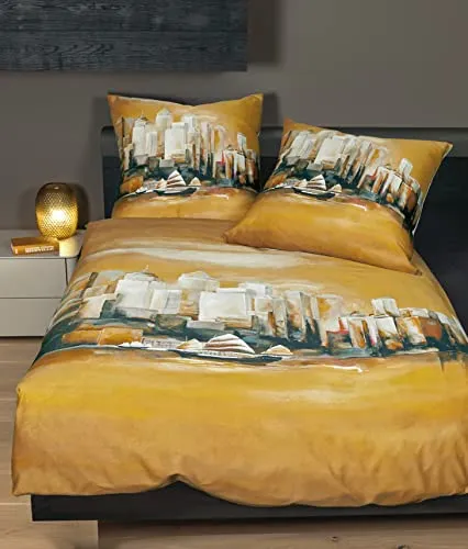 Janine Mako-Satin-Bettwäsche modern Art 135x200 + 80x80 cm gelbgold