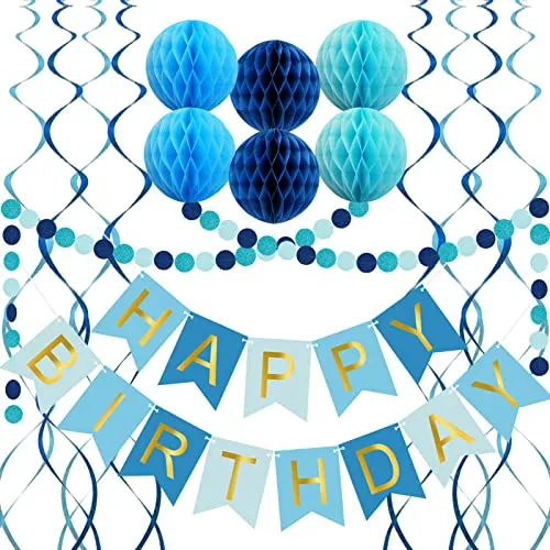 Blaue Geburtstagsdekorationen mit Happy Birthday Banner, Papier Wabenbälle, Kreis Girlande und hängende Wirbel Dekorationen, Geburtstagsfeier Dekorationen