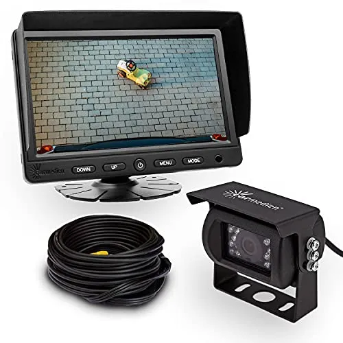 Carmedien Rückfahrsystem CM-ESRFS3S - 7 Zoll TFT Monitor & 120° Rückfahrkamera - Hochwertiges Rückfahrvideosystem mit 7 Zoll Monitor und robuster 120° Rückfahrkamera. Ideal für Wohnmobile und LKWs, bietet es Distanzlinien zur besseren Hindernisabschätzung.