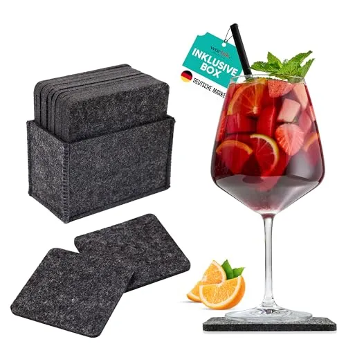 wortek Filzuntersetzer eckig für Gläser – 10er Set mit Aufbewahrungsbox, Glasuntersetzer für Getränke, Tassen, Bar, Glas - Ø 10cm Tischuntersetzer Untersetzer Gläser Schwarz