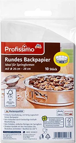 Profissimo Backpapier rund (Ø26cm–28cm), 10 Papiere - Backpapier für Springformen, hitzebeständig bis 220 Grad Celsius - perfekt für müheloses Backen ohne Ankleben.