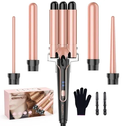 in 1 Lockenstab Set, BESTOPE PRO 5 in 1 Lockenstäbe Set mit Glätteisen mit 3-fach-Haarkrempler für Damen, schnell aufheizender Lockenstab für alle Haartypen 5