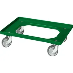 Transportroller für Kisten 60 x 40 cm mit 4 Lenkrollen in grün - Robuster Transportroller aus modernem Kunststoff, ideal für Werkstätten und Lagerhallen. Mit gummierten Lenkrollen für einfaches Manövrieren auf verschiedenen Böden und einer Tragfähigkeit von 250 kg.