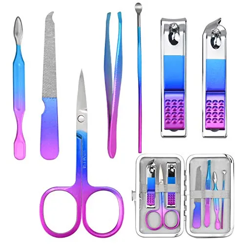 Maniküre Set 7 stücke Pflegeset Pediküre Kit aus Edelstahl Irisierend Professionelle Mode Nagelknipser Set Nagel Nagelhautentferner Pflege Zehennagelschneider für Damen & Herren mit Reisetasche