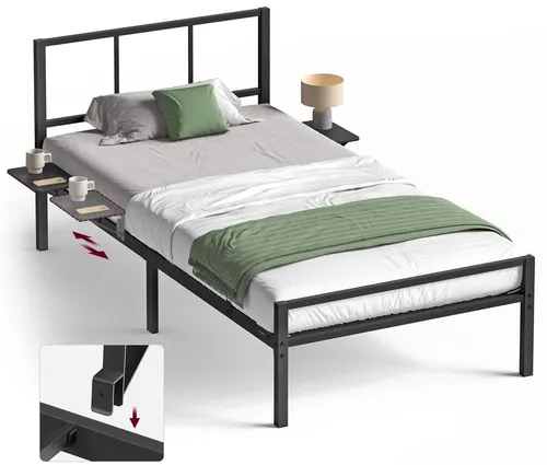 VASAGLE Einzelbettgestell 90 x 200 cm - Metallbett mit Kopfteil und Ablagen - Stilvolles Einzelbettgestell von VASAGLE mit praktischen seitlichen Regalen für Bücher und Wecker. Robuste Metallkonstruktion und einfacher Aufbau machen es ideal für jedes Schlafzimmer. Nutzen Sie den Platz unter dem Bett für zusätzlichen Stauraum.