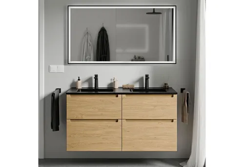 Bernstein Waschbeckenunterschrank VIREO Eiche honiggold 120cm - Eleganter Waschtischunterschrank mit Doppelwaschbecken in edlem Schwarz matt. Ideal für Ihr Badezimmer, bietet er vier praktische Schubladen und eine hochwertige Verarbeitung.