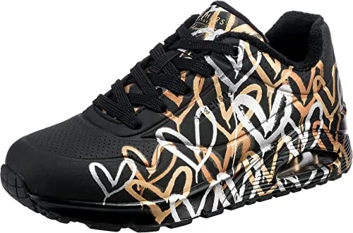 Skechers Damen UNO-METALLIC Love Sneakers - Elegante schwarze Sneakers in Größe 41 EU - Damen-Sneaker mit einfarbiger, flexibler Traktionslaufsohle für optimalen Komfort und sicheren Halt.