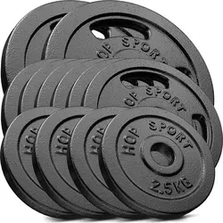 Hop-Sport 60 kg Hantelscheiben-Set 2x10kg + 6x5kg + 4x2.5kg 30/31mm Gripper Gusseisen Gewichte Hanteln - Schwarz