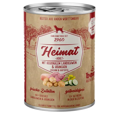 Bosch Petfood Heimat Adult mit regionalem Landschwein & Hühnchen 400 g - 12 Stück für Hunde - Leckeres Nassfutter mit 42 % frischem Landschwein und 26 % Hühnchen. Getreidefrei und mit hochwertigen Zutaten für eine ausgewogene Ernährung, die Ihren Hund begeistert.