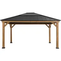 Sunjoy Zedernholz Gazebo 4x5 ERNIR - 393cm x 452cm, anthrazit - Pavillon aus Zedernholz mit pulverbeschichtetem Walmdach, ideal für entspannte Stunden im Freien. Wetterbeständig und mit integriertem Oberlicht für natürlichen Lichtfluss.