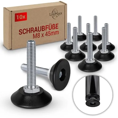 LouMaxx Stellfüße M8 x 45 mm - 10er Set- Regulierschraube - höhenverstellbare Füße - Schraubfuß - Maschinenfuß, Schraubfüße höhenverstellbar - Verstellschrauben mit Fuß M8x45mm