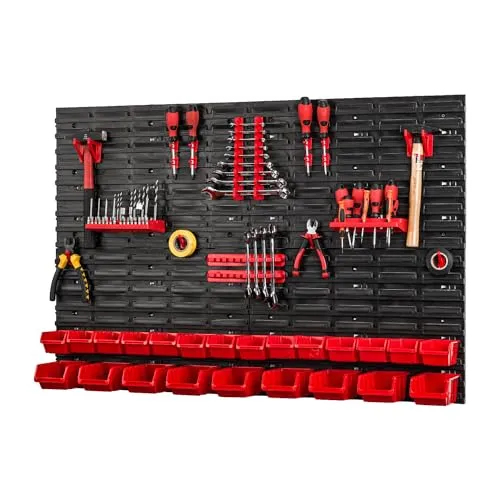 PAFEN Werkzeugwand mit Stapelboxen - 1152 x 780 mm - Lagersystem Wandregal für Garage Werkstatt Werkzeughaltern mit Lochwand Lagerregal Schüttenregal Garage Ordnungssystem | Set 47 TLG.