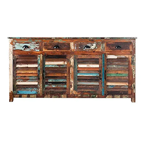 invicta INTERIOR Sideboard Jakarta 160cm - Einzigartig und bunt aus recyceltem Massivholz - Kommode aus recyceltem Massivholz mit bunten, handgefertigten Planken. Jedes Stück ist ein Unikat und bietet viel Stauraum für Deine Wohn-Utensilien.