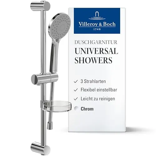 Villeroy & Boch Universal Showers Duschgarnitur – Duschstange und Handbrause mit 3 Strahlarten – Flexibler Handbrausehalter – Kalkabweisend – leicht montierbares Duschsystem – Chrom