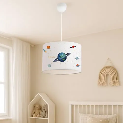 lux.pro Kinderzimmer Lampe Rugby Deckenleuchte E27 LED-geeignet Hängelampe mit Stoffschirm Planeten-Motiv 70 cm hoch höhenverstellbar Weiß